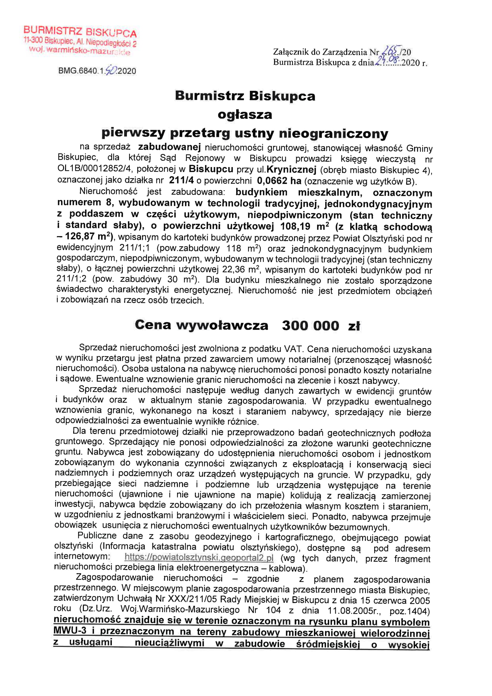 OGŁOSZENIE O PRZETARGU BC KRYNICZNA 8 1