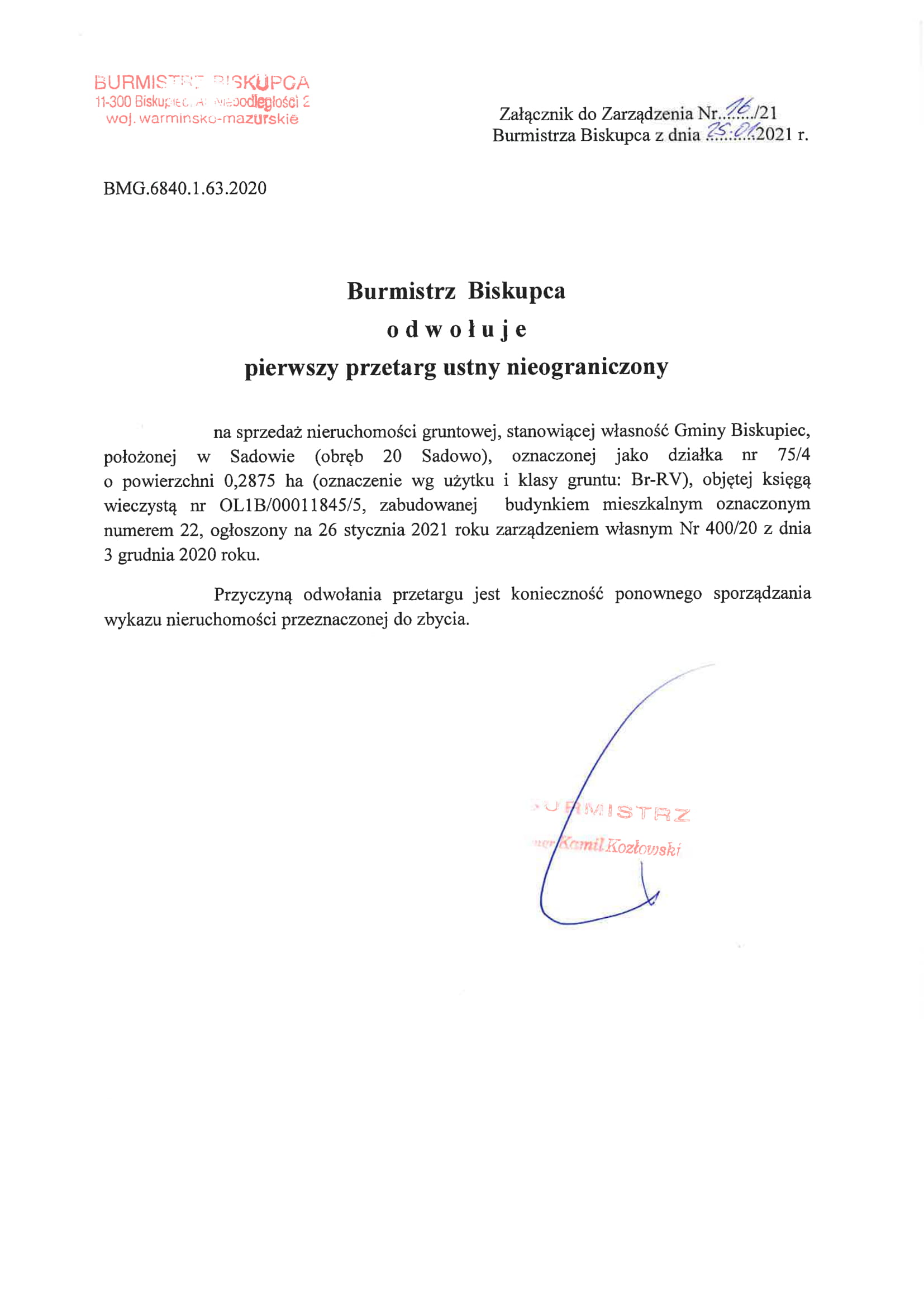 odwołanie przetargu w sadowie 1