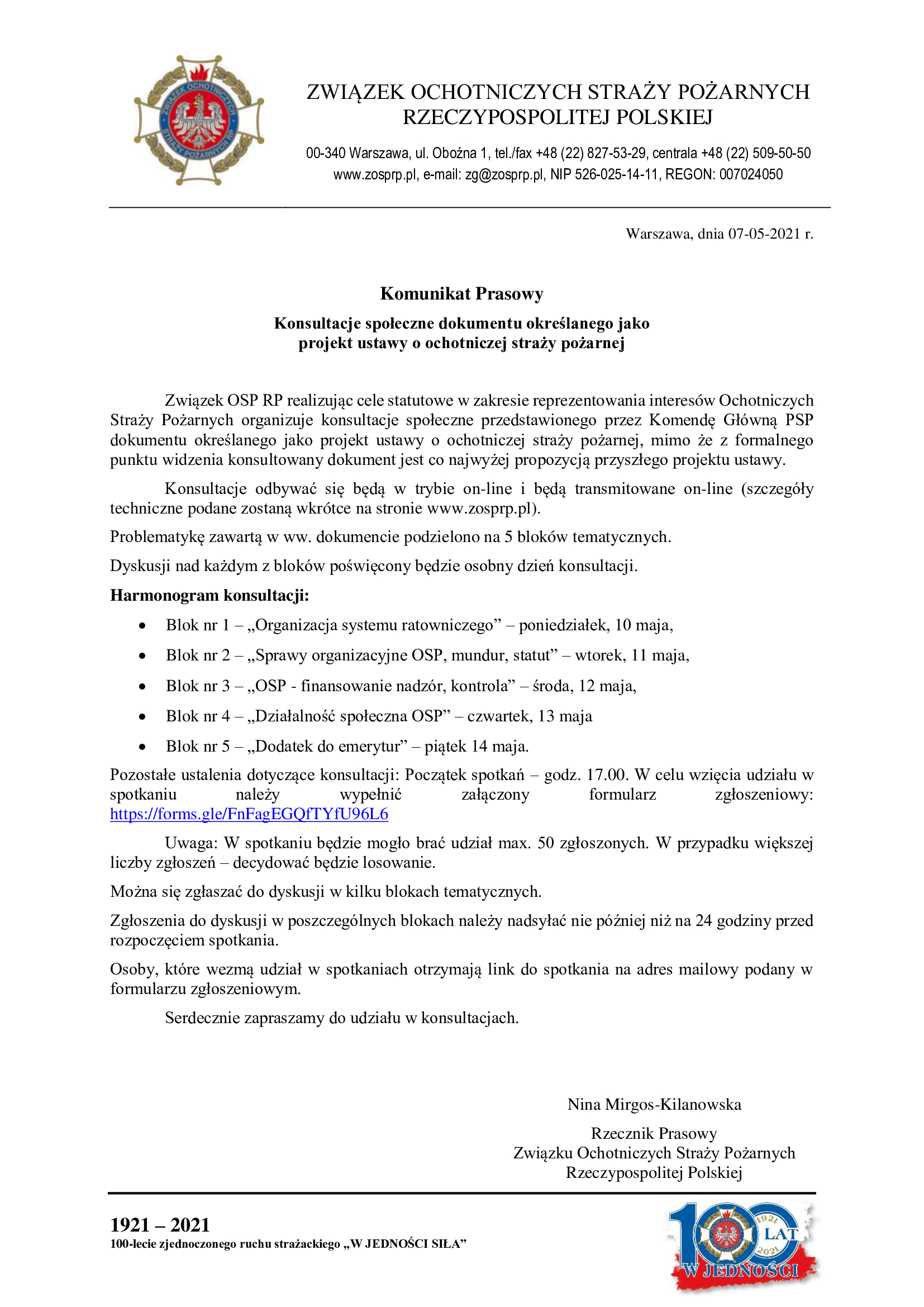 2021 05 07 Komunikat ZOSPRP Ustawa Konsultacje społeczne